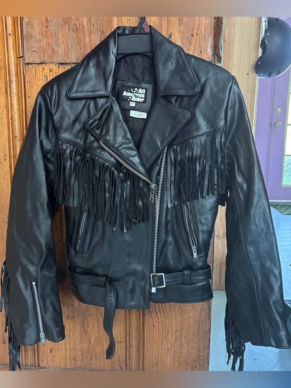 Vintage All American Rider Black Leather Fringe Motorcycle Jacket Women's 10